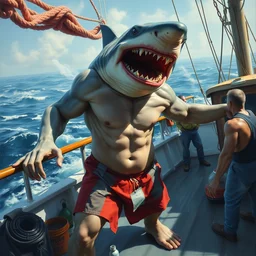 full - color photorealistic fantastical oil - painting of : an anthropomorphic muscular male humanoid - hybrid shark - monster is terrorizing workers on the deck of a commercial fishing boat. the shark - monster is wearing swim - trunks. highly - quality, highly - detailed professional artwork.