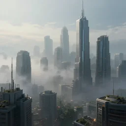 foggy view over cyberpunk style future city, a hyper realistic professional photographic view,very beautiful scenery, very realistic painting effect, hd, hdr, cinematic 4k wallpaper, 8k, ultra detailed, high resolution,