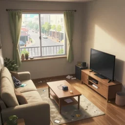 apartment building interior with couch and tv, messy, open windows with a view of a bustling street, trash on the ground, cozy anime screenshot