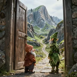 a dwarf standing next to an elf near a huge door that marks the passage deep into the mountain, photo realistic, masterpiece