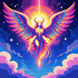 the ophanim of skies, pixel art study, stunning, electric colours