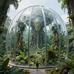 epic alien jungle by zdzisław beksinski, greg rutkowski inside a giant glass biodome by zaha hadid. highly detailed, hyper - real, very beautiful, intricate fractal details, lush, mysterious, futuristic, trending on deviantart and artstation