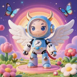 3 d render of chibi clock cyborg demon with angel wings against a psychedelic surreal background with 3 d butterflies and 3 d flowers n the style of 1 9 9 0's cg graphics 3 d rendered y 2 k aesthetic by ichiro tanida, 3 do magazine, wide shot