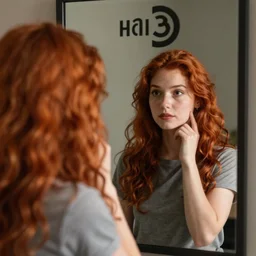 redhead girl looking through mirror and see half-life 3 logo