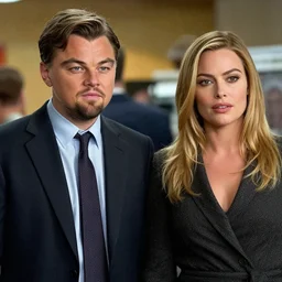 leonardo dicaprio as the wolf of wall street next to margot robbie as naomi from the wolf of wall street, cinematic, long shot, hyper detailed, hyper realistic faces, 8 5 mm photograph, 8 k resolution, film still, sharp lens, wide lens