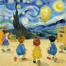 van gogh chasing kids in a kindergarden
