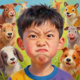 a bright and colorful detailed photorealistic painting of a funny looking character. the character is making a silly face and the background is filled with happy looking animals. high quality. hq hd 4 k. award winning. trending on artstation