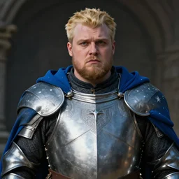 portrait, fantasy beardless plump cleric with no beard, young adult, short in stature, no beard, short blonde hair comb over hairstyle, silver breastplate with religious engravings, wearing a blue cape with white stars, clean shaven, stressed expression, green eyes, style by donato giancola, wayne reynolds, jeff easley dramatic light, high detail, cinematic lighting, artstation, dungeons and dragons