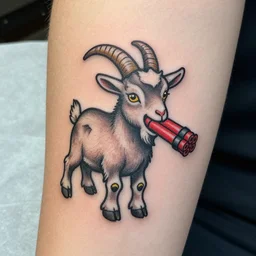 A small tattoo of a goat. The goat is holding a red stick of dynamite in its mouth