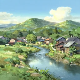 by makoto shinkai peach, 1 9 7 0 s precise. the mixed mediart is of a small village with a river running through it. in the distance, there are mountains. the sky is clear & the sun is shining.