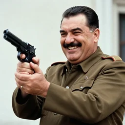 a medium shot photo of enver hoxha extremely happy to have a pistol in his hand,8k, DSLR, highly detailed skin, highly detailed hands