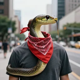 a photograph of a snake wearing a bandana in the city.