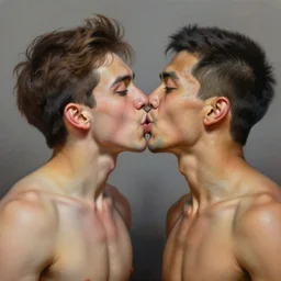 Caricature portraits done of Shirtless Jerma and shirtless Vinny Vinesauce intensely making out, hyperrealistic, very realistic, highly detailed, very detailed, extremely detailed, detailed, oil painting, digital art, trending on artstation