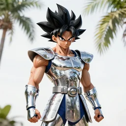 19-year-old muscular warrior girl wearing chrome silver armor, electrified hair, wild spiky black Saiyan hair, wild black hair, tropical, palm trees, chrome buildings, futuristic base, 1987, Frank Frazetta, pulp art, arcade cabinet art, video game box art, HD art, wallpaper