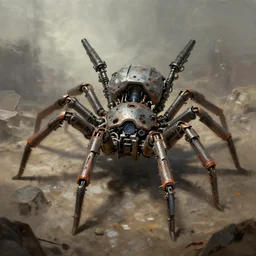 apocalyptic a mechanical spider robot with guns digital painting, mixed media, trending on artstation and deviantart, epic composition, highly detailed, 8 k