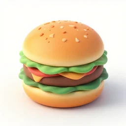 Hamburger that looks like the iOS emoji and has the same colors, 3D clay render, 4k UHD, white background, isometric top down left view, diffuse lighting, zoomed out very far