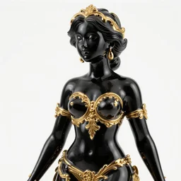 close up surrealist, psychedelic, 3 d porcelain woman with solid gold ornate details, covered in black oil liquid, on a white background by tim winton