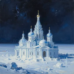 an epic painting of a Russian city on an airless icy planet in the endless starry night of space, unreal 5, DAZ, detailed, soft focus, brilliant, 4k, 8k, HD, trending on artstation, art by Rick Guidice painting by Robert McCall by John Harris, abstract