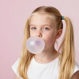 blonde girl with pigtails making bubble with chewing gum