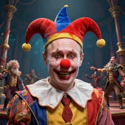 vladimir putin, drunk jester, drunk circus performance, wearing clown nose, horror teeth, fantasy 3 d render, masterpiece, by donato giancola and greg rutkowski and wayne barlow and zdzisław beksinski, realistic face