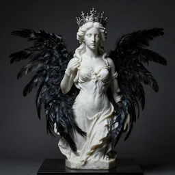 a woman in a white dress with a crown on her head, a marble sculpture by carla wyzgala, deviantart contest winner, gothic art, chiaroscuro, made of feathers, dark and mysterious