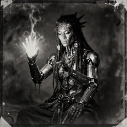 noisy intricate wearied off platinotype distresses vintage bw photo of a cyberpunk cyborg shaman doing magic
