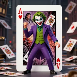 poker card design of dc comic villain the joker creepy smile, full body pose, purple suit, green bowtie, new york chaotic background, scattered joker poker cards, chaos by norman rockwell, michael hussar, kim jung gi, greg rutkowski, james jean, tomer hanuka. 3 d octane render. ambient occlusion.