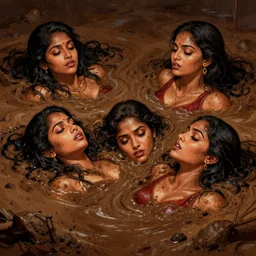 mix of beautiful sri lankan female as a thirsty vampire, perfect faces, sinking in quicksand, muddy swamp, very coherent and colorful high contrast art, artstation, deviantart, digital art