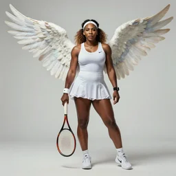 Full body Portrait of Serena Williams in Nike gear as Nike Goddess, large wings, luxuriant, dreamy, eternity, romantic, strong pose, highly detailed, in the style of Franz Xaver Winterhalter, highly detailed, in the style of Aetherpunk