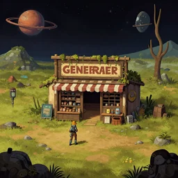 in front of a general store in a remote outpost, on an alien planet, from a space themed point and click 2 d graphic adventure game, set design inspired slightly by hg giger and tomb raider, art inspired by [ [ thomas kinkade ] ] and greg rutkowski