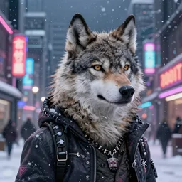 beautiful furry art portrait commission of an androgynous furry anthro wolf fursona wearing punk clothes in the streets of a cyberpunk city at night in the snow. neon signs. by zaush, rick griffin, tessgarman, angiewolf, miles df, smileeeeeee, ethrk, charlie bowater, ross tran, artgerm, and makoto shinkai, detailed, inked, western comic book art
