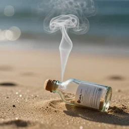 “Magic smoke swirling out of a bottle in the sand, air particles, glitter, cinematic, 50mm lens, bokeh”