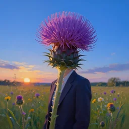 grande thistle flower under head, a girl in a suit in field of flowers, surreal photography, sunrise, blue sky, dramatic light, impressionist painting, digital painting, artstation, simon stalenhag