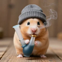 stoner hamster wearing a beanie smoking a bong