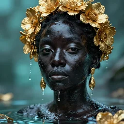 hyper realistic neo - rococo cinematic very expressive! black oshun goddess, open eyes, body in water, mirror dripping droplet!, gold flowers, highly detailed face, digital art masterpiece, smooth eric zener cam de leon dramatic pearlescent teal light, ground angle uhd 8 k, sharp focus