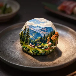 octahedron shaped sushi on a dinner plate