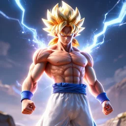 Jesus Christ going super saiyan, muscular, lightning in the sky, glowing, highly detailed, focus, realistic vfx simulation, cryengine