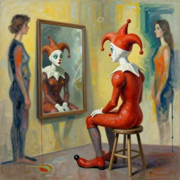 jester sitting on a stool looking into a mirror by james jean and luc tuymans and beeple and hernan bas and pat steir and hilma af klint, abstract background, psychological, dripping paint, high quality render, artstation, altermodern, masterpiece