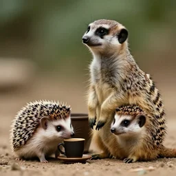 meerkat with hedgehog drinking coffee, cinematic, kodachrome
