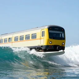 a train on top of a surfboard.
