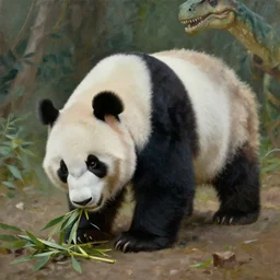 panda eating a dinosaur, oil painting in the style of rembrandt, beautiful, 4 k