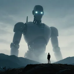 The silhouette of a giant humanoid robot with bright glowing eyes peaks over from behind a mountain at a man far away staring at it. Surreal digital art.