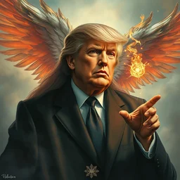 vibrant muted colors, still of a [ angelic seraphim possessed ] [ donald trump donald trump ], by arthur adams, by tom bagshaw, by henry asencio, by kikuchi hideyuki, by albert bierstadt, visual novel, ink, wall decal, cinematic, insanely detailed and intricate, hypermaximalist, elegant, ornate, hyper realistic, super detailed