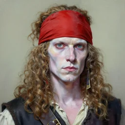 very detailed painting of an albino pirate with red headband and curly hair, featured in artstation, concept art by Greg Rutkowski, WLOP, Dan Mumford, Christophe Vacher
