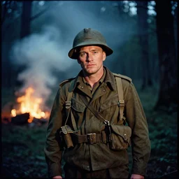 an analog color portrait photograph of a ww 2 soldier in a forest at night. in the background there is smoke and fire. christopher nolan style. cinematic!! shot. film frame. cinematography. detailed. hq. in - frame. imax. anamorphic!! film. anamorphic bokeh!!!. kodak. helios 4 4 m.