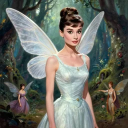 audrey hepburn as a winged fairy in a fantasy forest, various backgrounds, highly detailed, digital painting, artstation, matte, illustration, art by artgerm, greg rutkowski, tom bagshaw