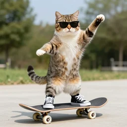 a cat standing on its back legs, wearing high top sneakers and sunglasses, riding a skateboard, by greg rutkowski