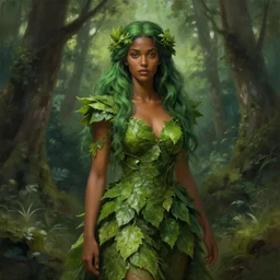 portrait of a forest mage, female, dress made of green leaves, gorgeous, green hair, brown skin, forest background, digital painting, artgerm and greg rutkowski and alphonse mucha