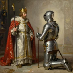 a beautiful artwork of knight templar kneeling before his king by Edmund Leighton featured on artstation