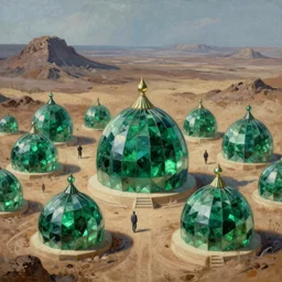 hyper detailed painting of domes made of shining green emeralds, sprawling across majestic parched plains, by francisco goya and rembrandt, unsettling, mysterious, by stephan martiniere and alexander fedosav, hyperrealism, 8 k resolution, behance hd, artstation, nightcafe